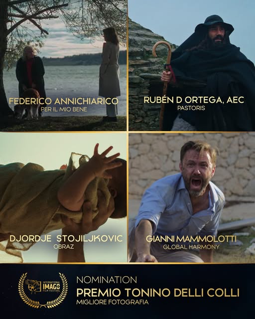 IMAGO International Film Festival nomination graphic for the Tonino Delli Colli cinematography award, featuring Djordje Stojiljkovic for OBRAZ
