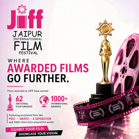 Jaipur International Film Festival promotional graphic featuring the JIFF logo, trophy and film reel