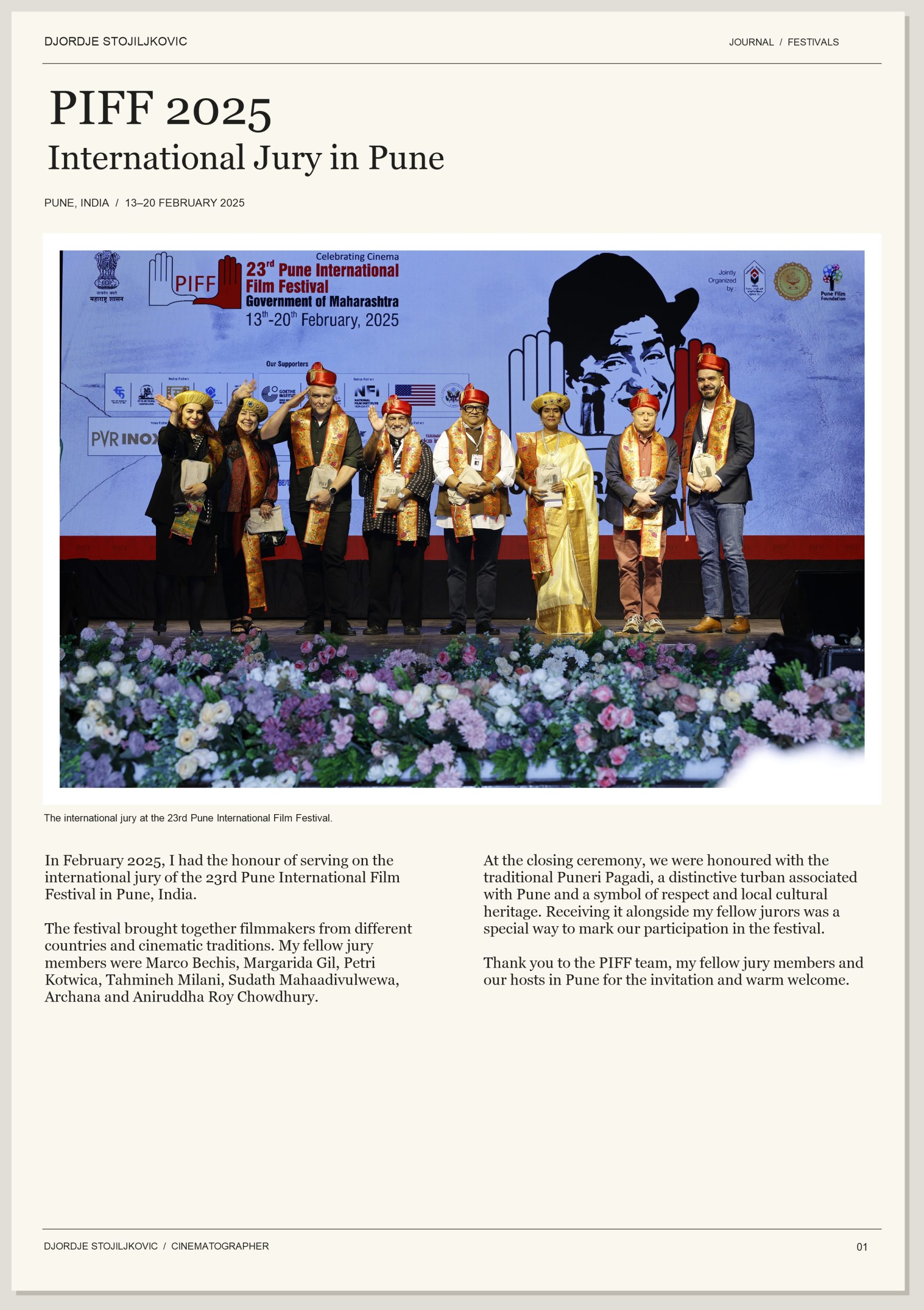 Djordje Stojiljkovic with the international jury at the 23rd Pune International Film Festival, February 2025