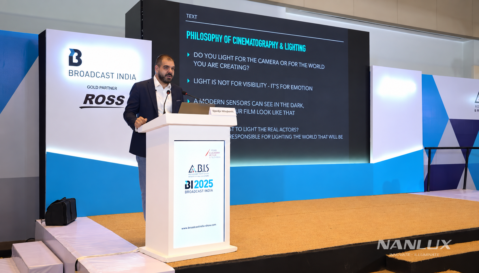 Djordje Stojiljkovic presenting cinematography and lighting at Broadcast India Show 2025 in Mumbai