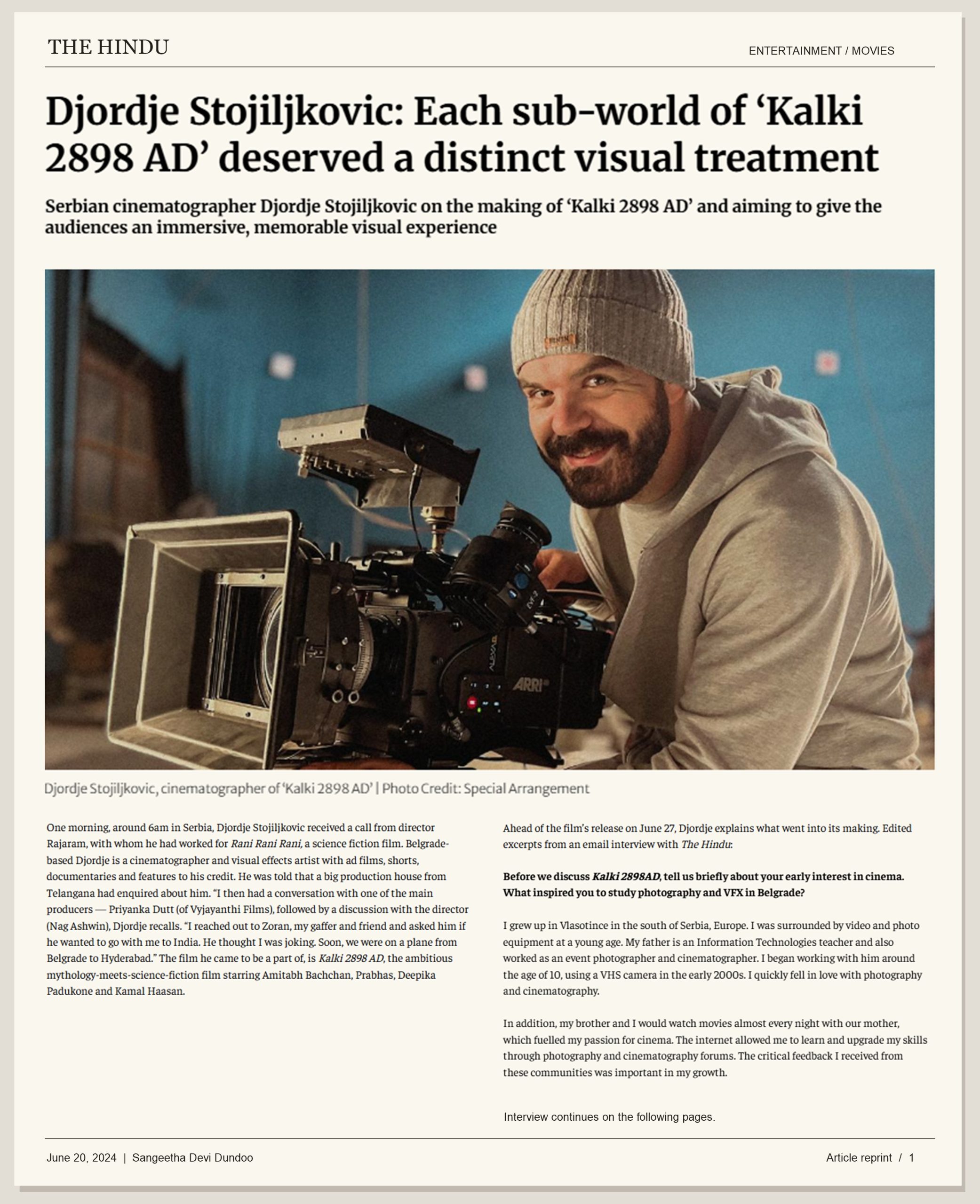The Hindu interview with Djordje Stojiljkovic about KALKI 2898 AD, page 1